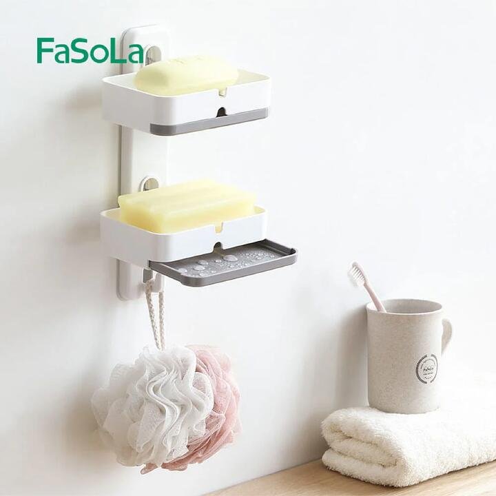 FaSoLa Bathroom Wall-Mounted Double Layer Soap Holder with Suction Cup, No Drilling Required, Holds up to 5kg