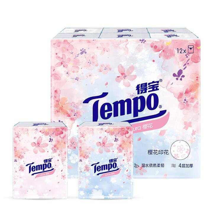Tempo Mini Handkerchief Tissues with Cherry Blossom Scent - 7 Sheets per Pack, 12 Packs Included
